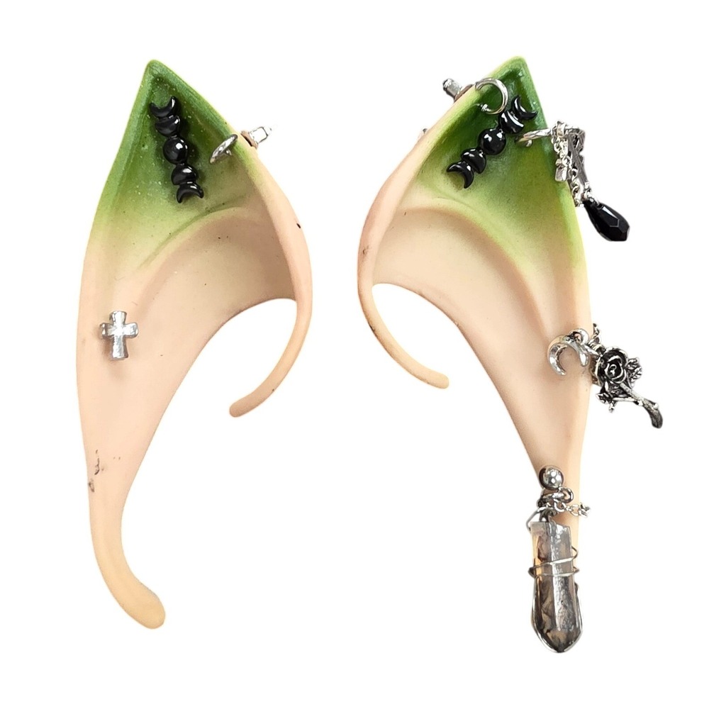 Handmade Gothic Elf Ear Cuffs Green Tip Triple Moon Crystal Charms Cosplay Cuffs
